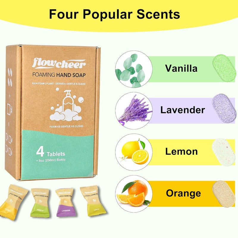 flowcheer Hand Soap Starter Set –1 Refillable CrystalClear Glass Foaming Hand Soap Dispenser + 4 Scented Soap Refill Tablets, 4 x 9 Fl oz,Soap Pump for Bathroom Kitchen Countertop - Image 2